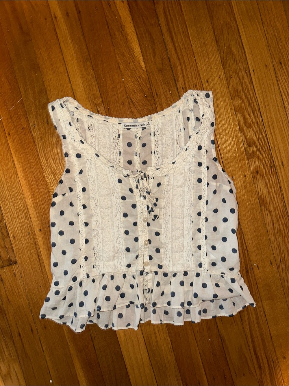 Abercrombie & Fitch White Tank with Navy Polka Dots and Lace Trim